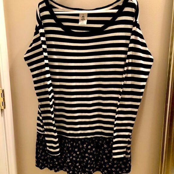 Free People black striped pull over with floral hem. - Picture 1 of 4